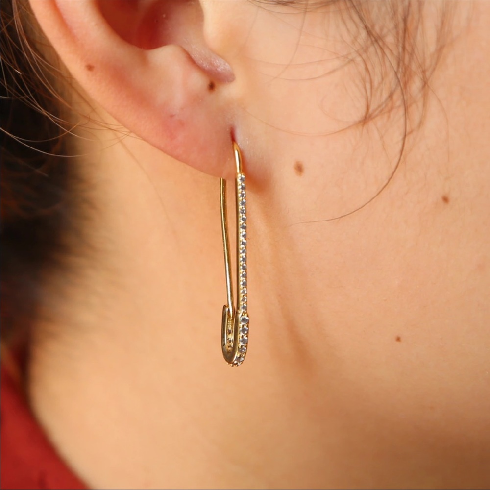Last Pair Gold Vermeil CZ Safety Pin Earrings - Picture 5 of 8